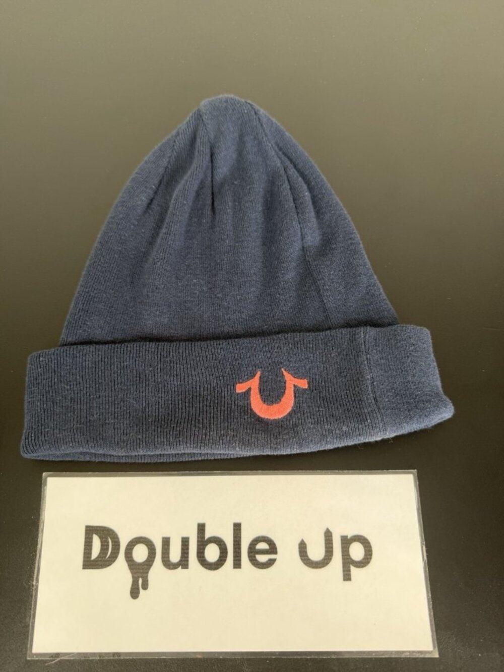 True Religion Blue Solid Beanie Hat One Size Men Orange Logo Fall Winter